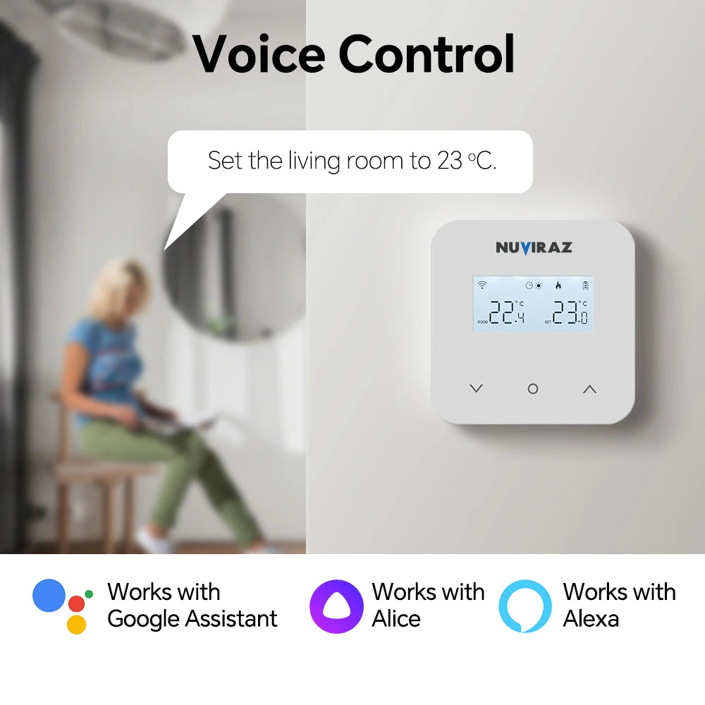 Nuviraz Smart Gas Boiler Heating Room Thermostat – WiFi Control via Tuya, Works with Alexa, Google Home, Yandex Alice Voice Assistants - NuviraZ