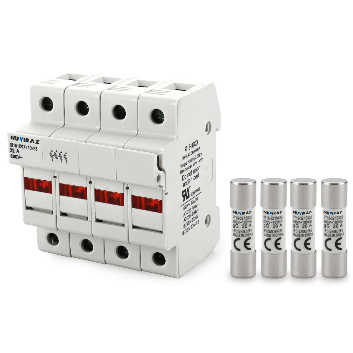 Nuviraz Cylindrical Fuse Holder RT18-32(X) 10mm X 38mm Fuse Base 4 Poles DIN Rail Mount CE&UR Listed 20 PCS of Fuse - NuviraZ