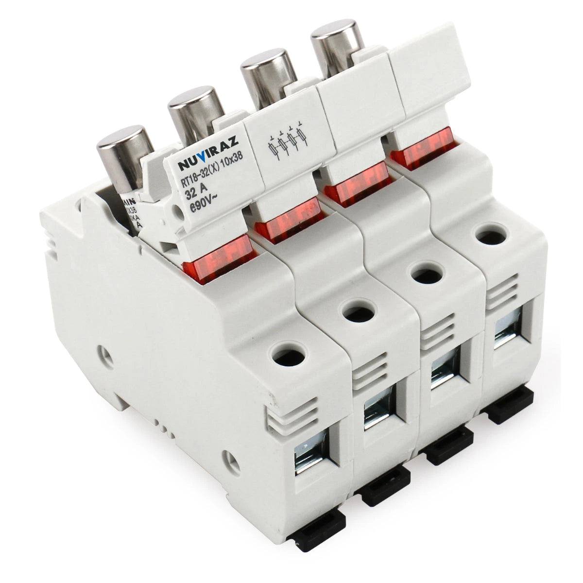 Nuviraz Cylindrical Fuse Holder RT18-32(X) 10mm X 38mm Fuse Base 4 Poles DIN Rail Mount CE&UR Listed 20 PCS of Fuse - NuviraZ