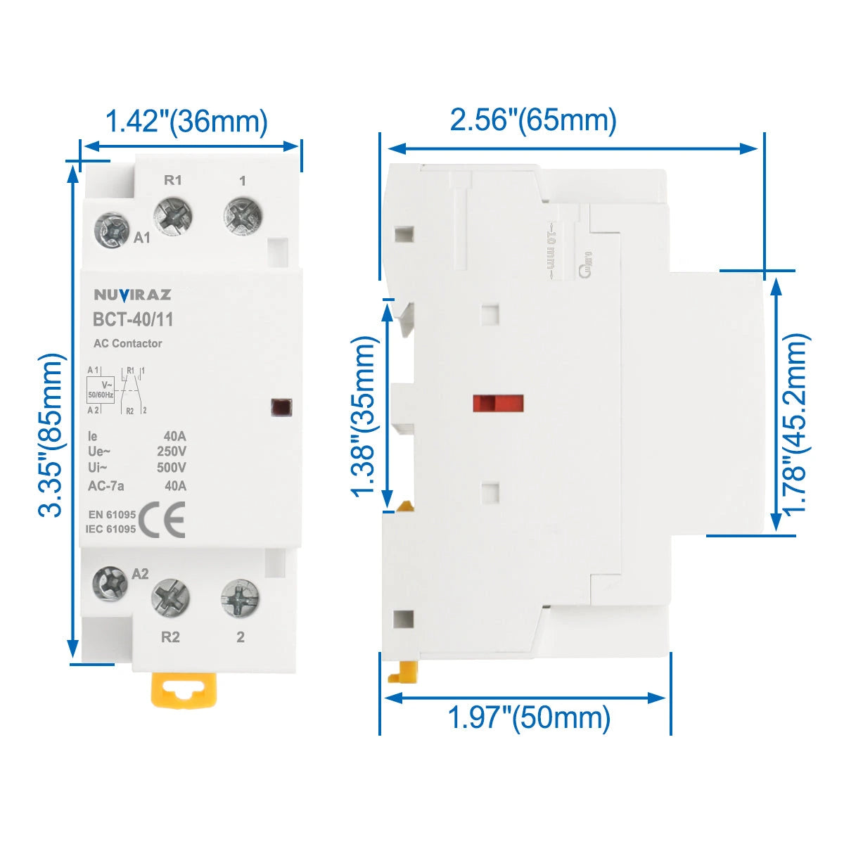 Nuviraz AC Contactor 40A 2 Pole Universal Circuit Control 35mm DIN Rail Mount CE Listed BCT-40(HC1-40) - NuviraZ