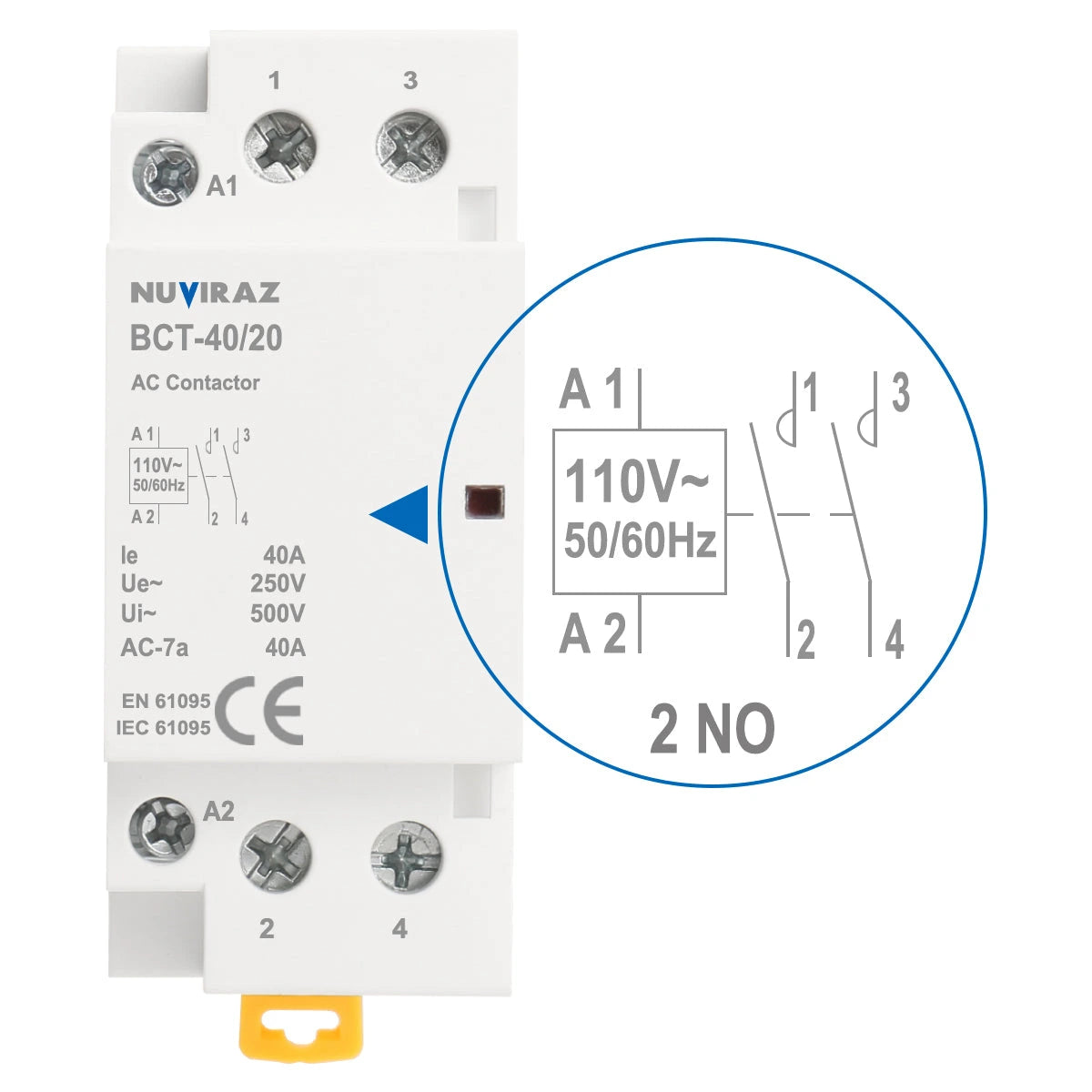 Nuviraz AC Contactor 40A 2 Pole Universal Circuit Control 35mm DIN Rail Mount CE Listed BCT-40(HC1-40)