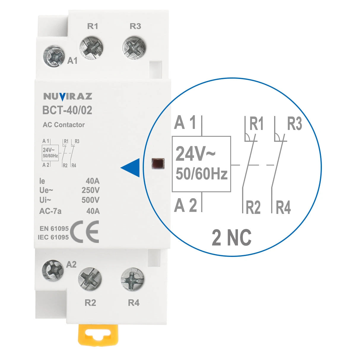 Nuviraz AC Contactor 40A 2 Pole Universal Circuit Control 35mm DIN Rail Mount CE Listed BCT-40(HC1-40) - NuviraZ