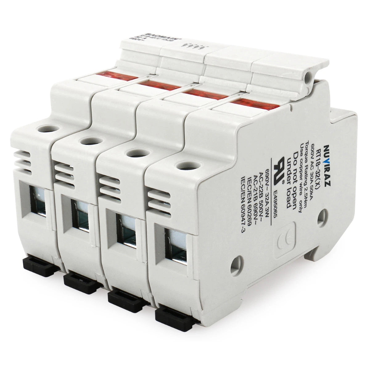 Nuviraz Cylindrical Fuse Holder RT18-32(X) 10mm X 38mm Fuse Base 3 Poles DIN Rail Mount CE&UR Listed With Fuse Pack of 10