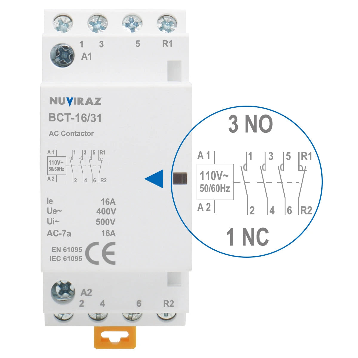 Nuviraz AC Contactor 16A 4 Pole Universal Circuit Control 35mm DIN Rail Mount CE Listed BCT-16(HC1-16) - NuviraZ
