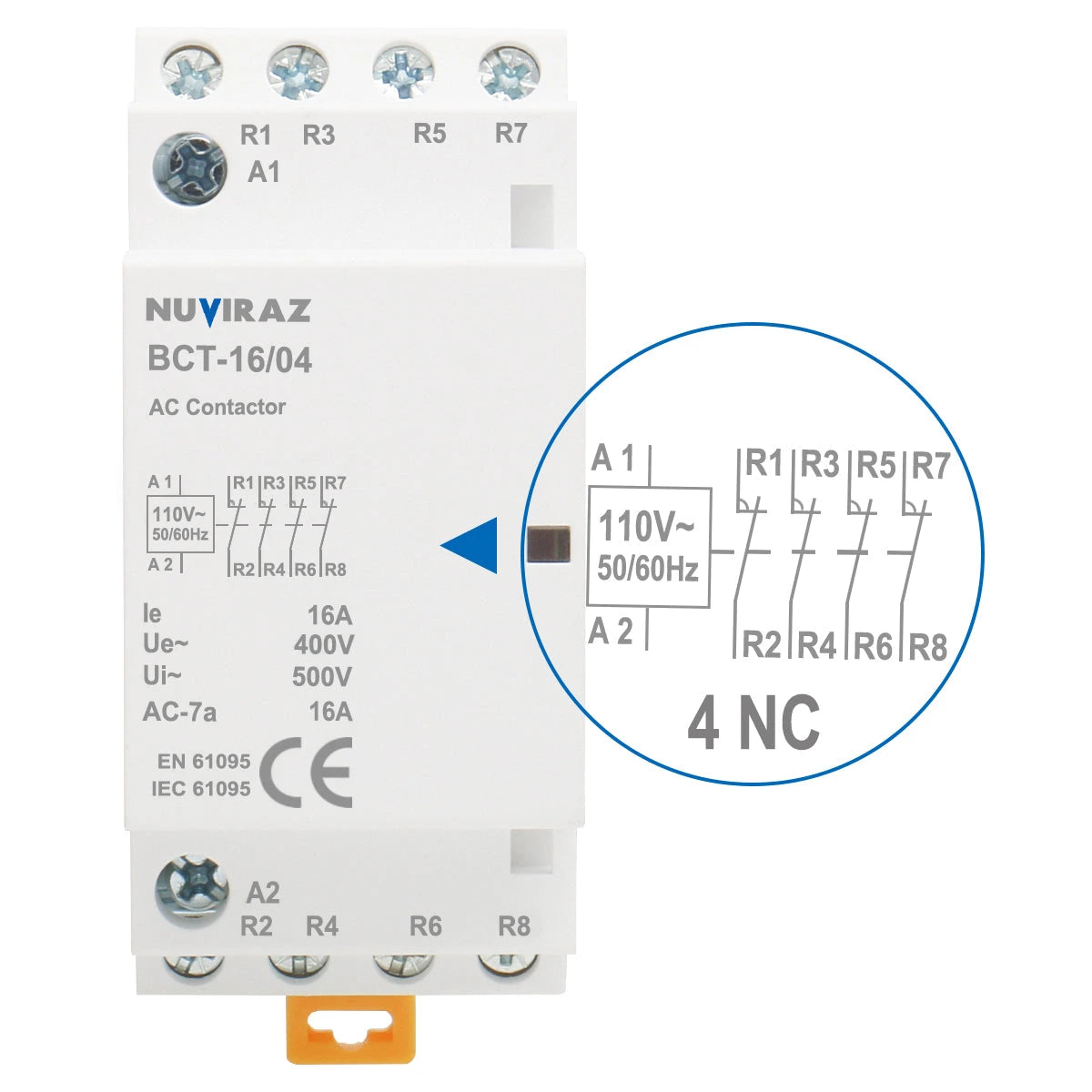Nuviraz AC Contactor 16A 4 Pole Universal Circuit Control 35mm DIN Rail Mount CE Listed BCT-16(HC1-16) - NuviraZ