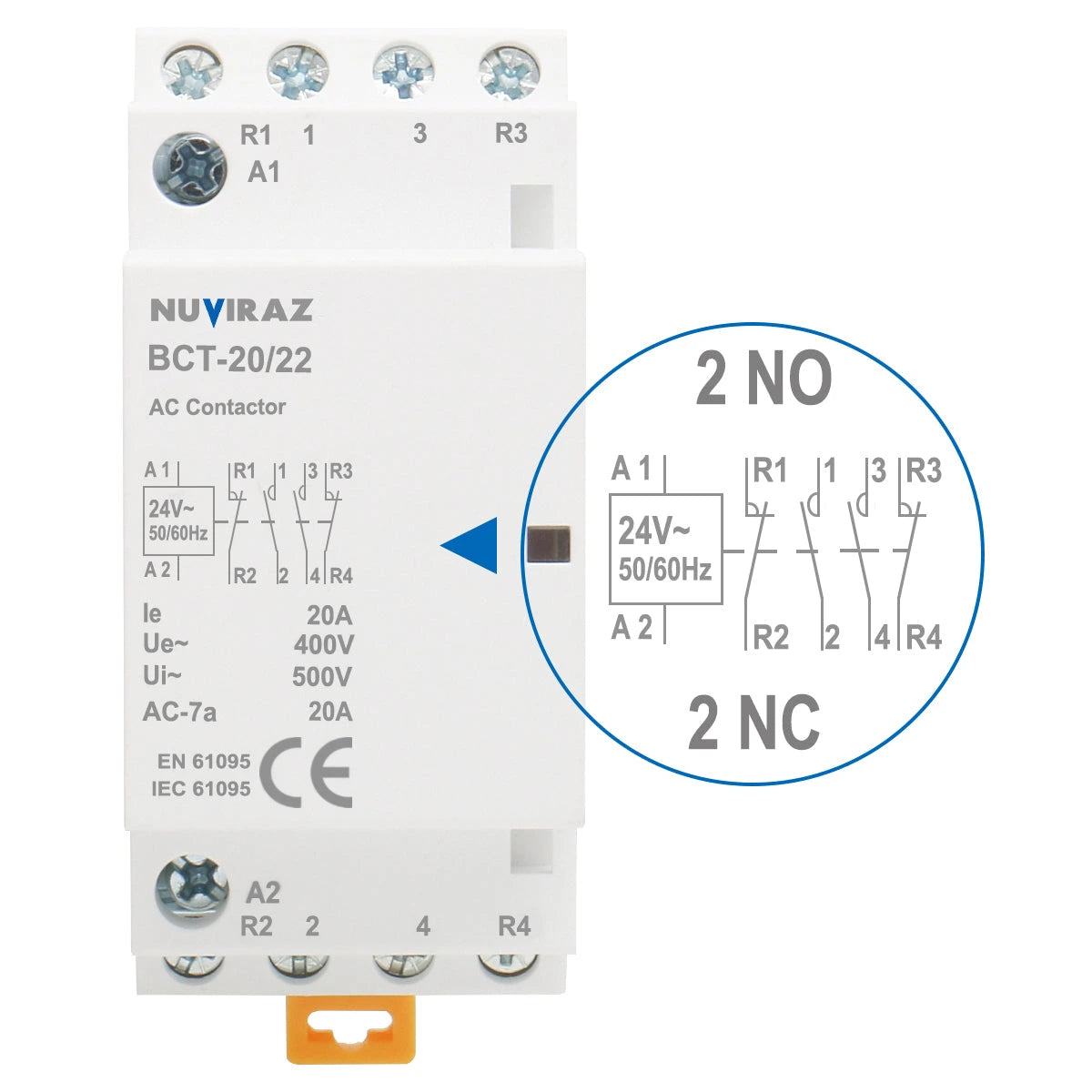 Nuviraz AC Contactor 20A 4 Pole Universal Circuit Control 35mm DIN Rail Mount CE Listed BCT-20 (HC1-20)-4P - NuviraZ
