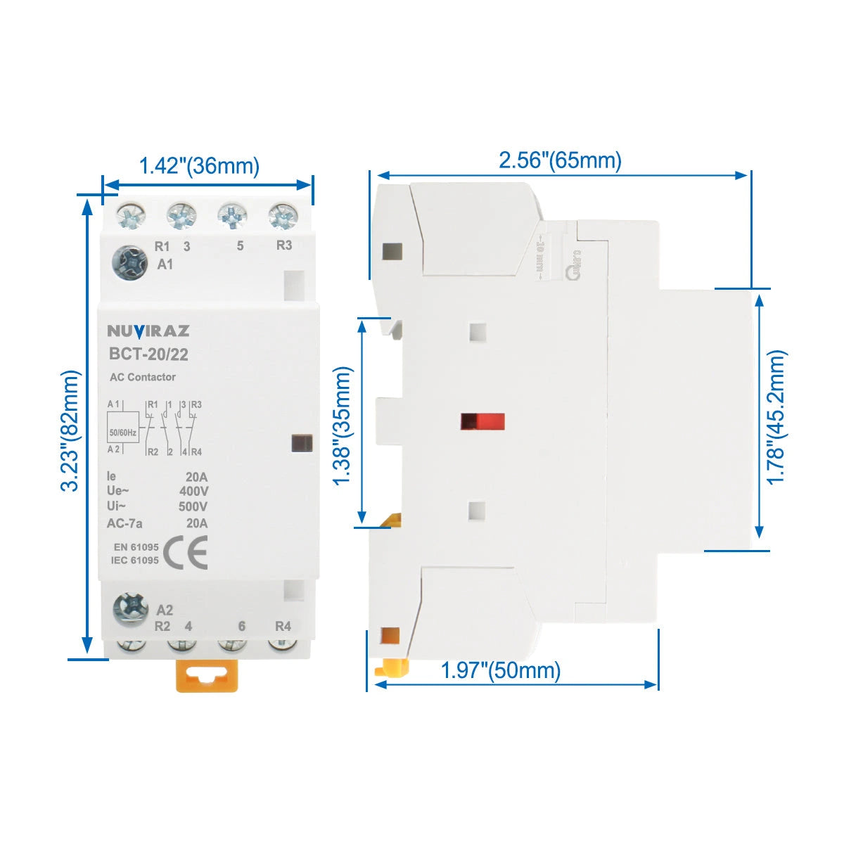Nuviraz AC Contactor 20A 4 Pole Universal Circuit Control 35mm DIN Rail Mount CE Listed BCT-20 (HC1-20)-4P