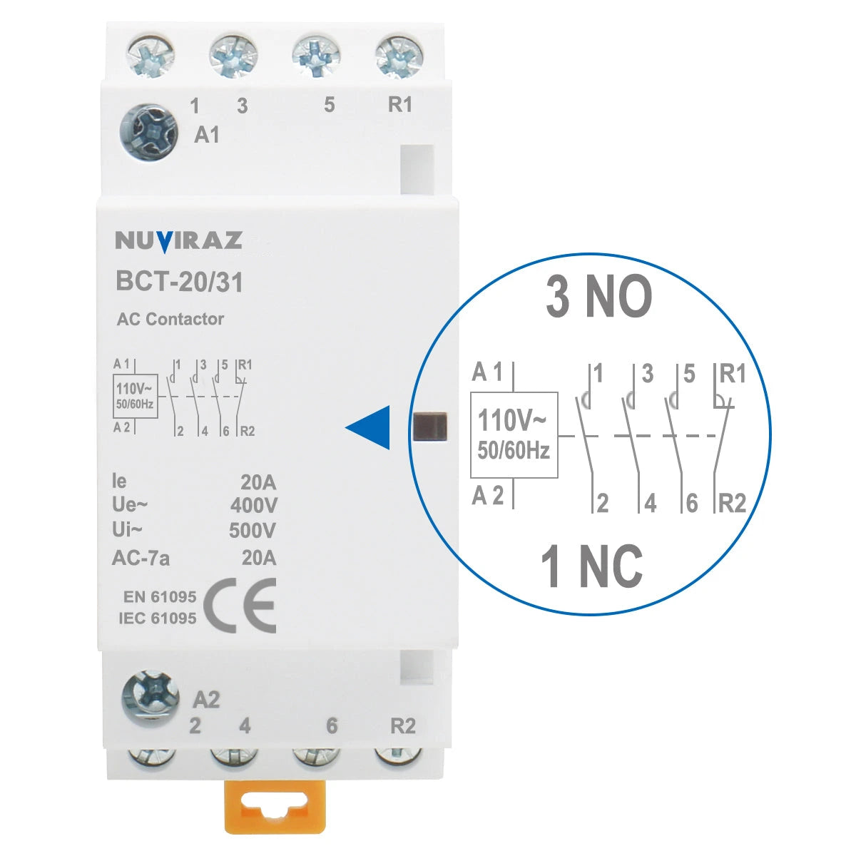 Nuviraz AC Contactor 20A 4 Pole Universal Circuit Control 35mm DIN Rail Mount CE Listed BCT-20 (HC1-20)-4P - NuviraZ
