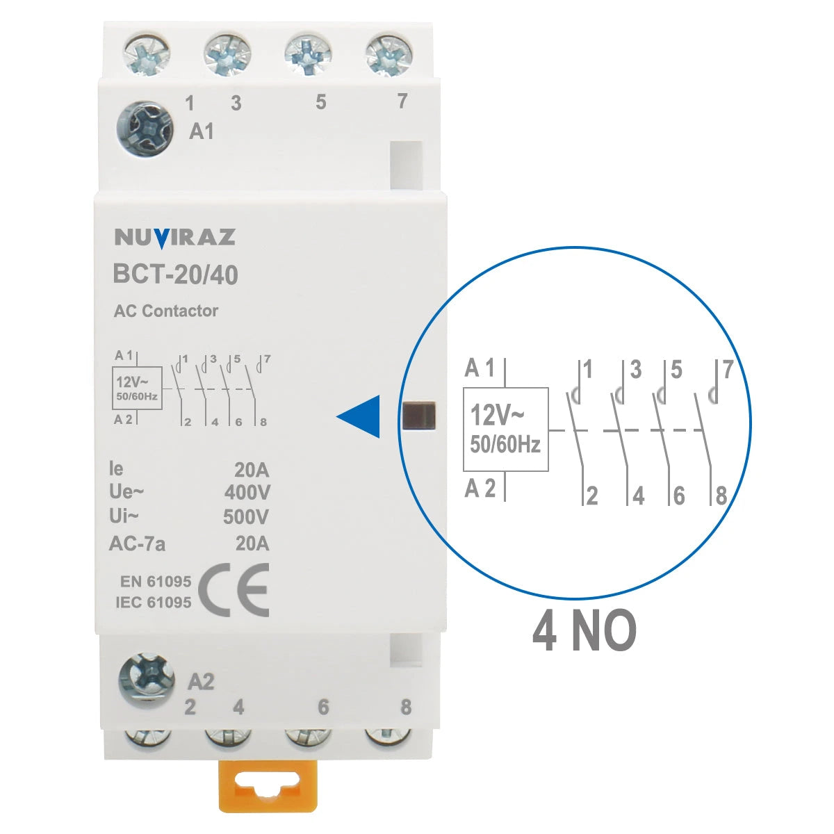 Nuviraz AC Contactor 20A 4 Pole Universal Circuit Control 35mm DIN Rail Mount CE Listed BCT-20 (HC1-20)-4P - NuviraZ