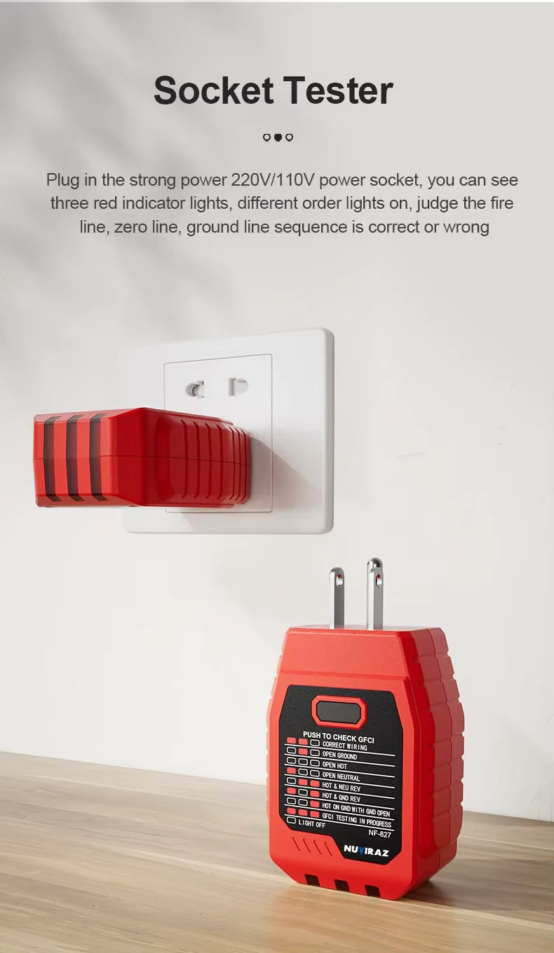 Nuviraz Circuit Breaker Finder with GFCI Outlet Tester & NCV Detection – NF-827, Socket Tester for 90~120V AC Electrical Systems - NuviraZ