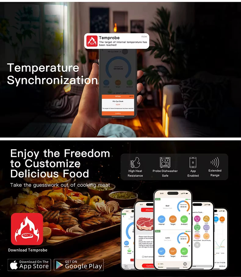 Nuviraz Smart Bluetooth Wireless Meat Thermometer Digital | BBQ, Grill, Oven, Smoker, Air Fryer, Kitchen | Perfect for Steak, Chicken, Turkey, and More | Delicous Recipes in App - NuviraZ