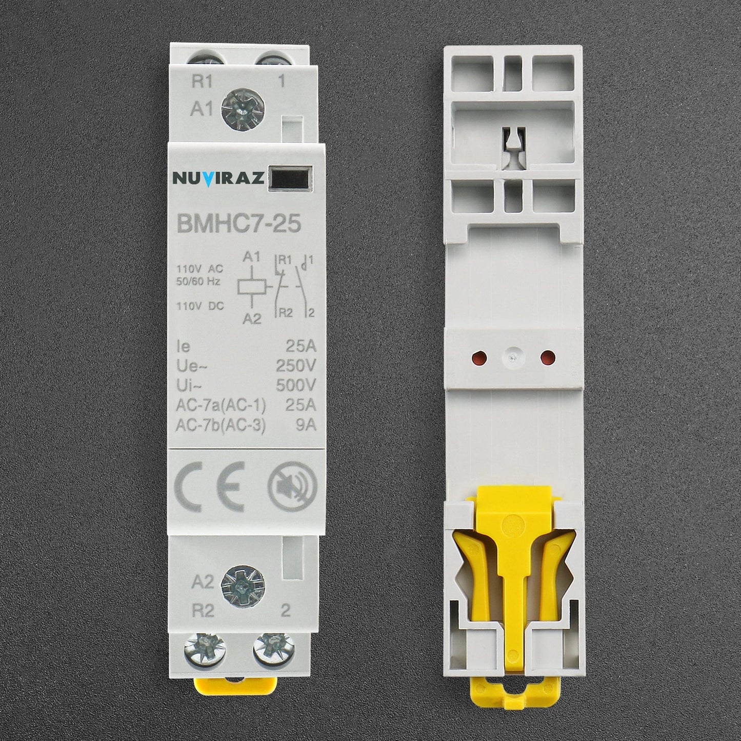Nuviraz DC/AC Modular Contactor 25A 2 Pole 12V/24V/110V/220V Circuit Control 35mm DIN Rail BMHC7-25 - NuviraZ
