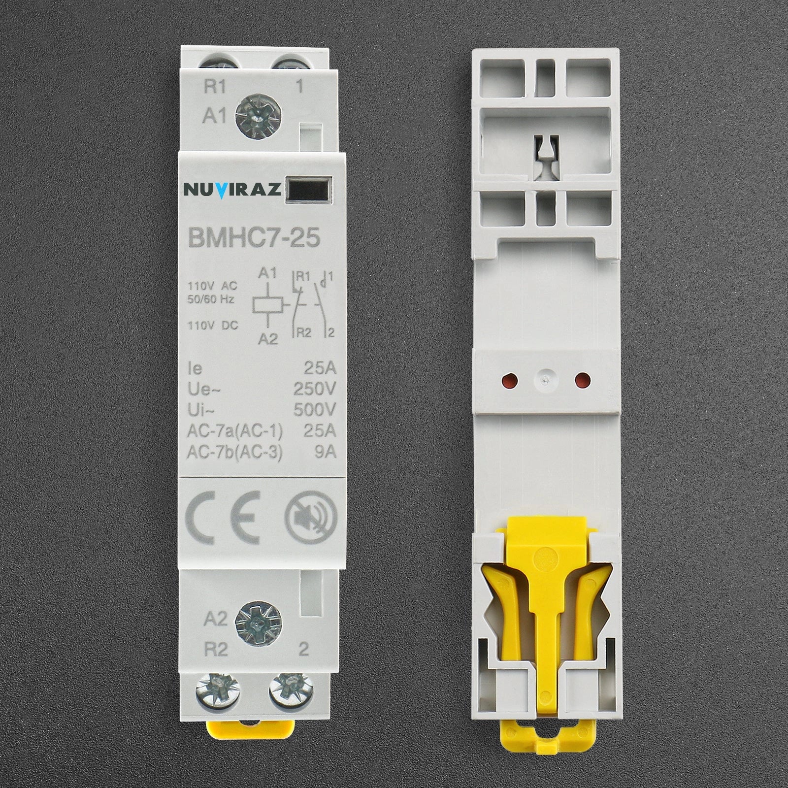 Nuviraz DC/AC Modular Contactor 25A 2 Pole 12V/24V/110V/220V Circuit Control 35mm DIN Rail BMHC7-25 - NuviraZ