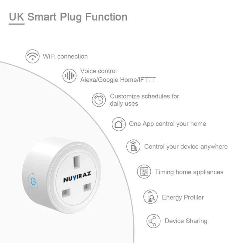 Nuviraz 16A WiFi Smart Plug UK – Smart Socket Compatible with Tuya & Smart Life App, Remote Control, Home Automation Smart Switch - NuviraZ