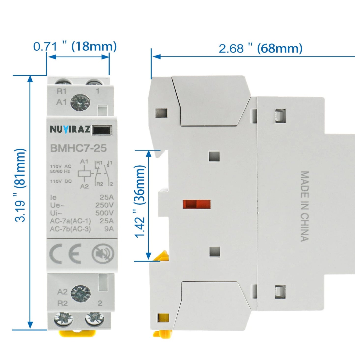Nuviraz DC/AC Modular Contactor 25A 2 Pole 12V/24V/110V/220V Circuit Control 35mm DIN Rail BMHC7-25 - NuviraZ