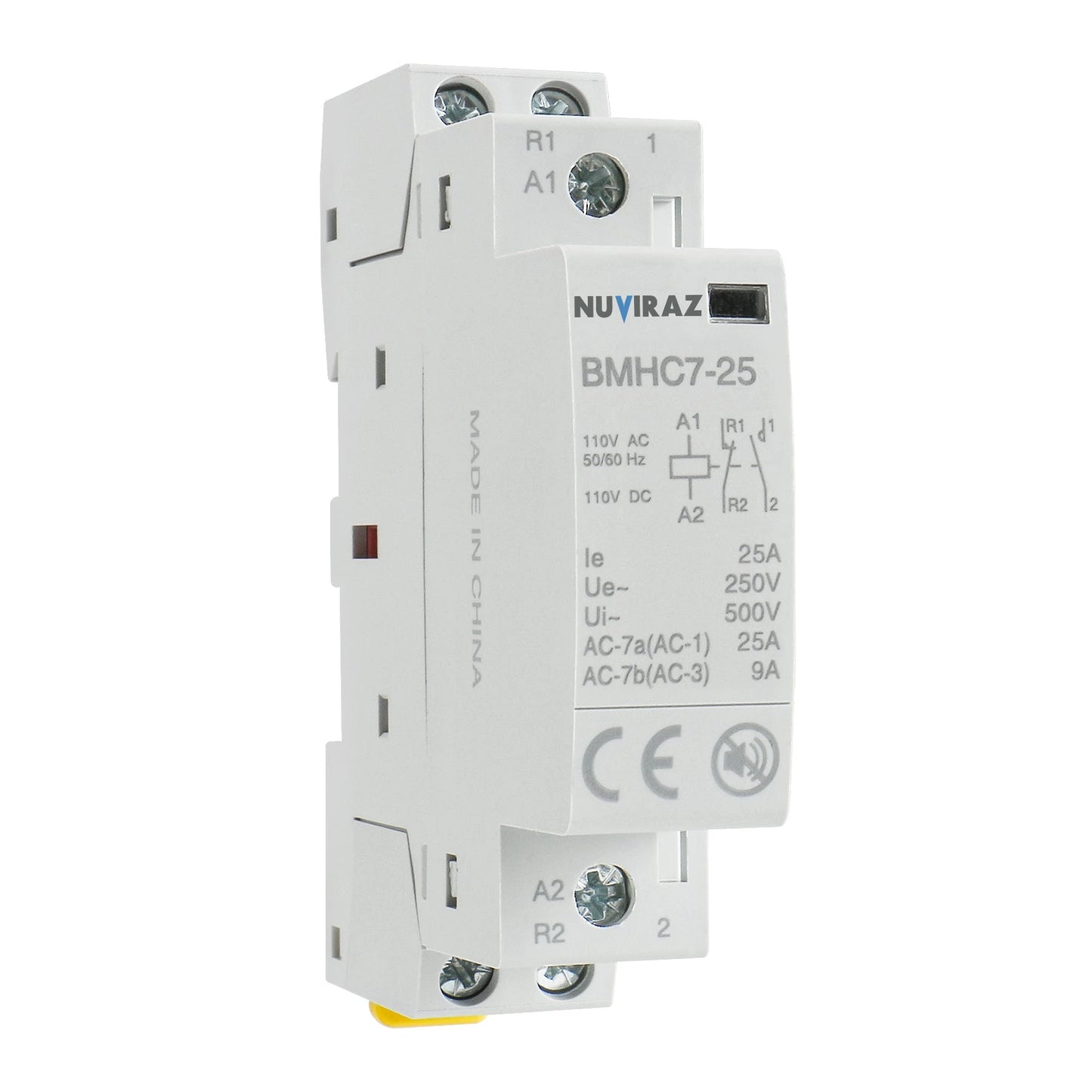 Nuviraz DC/AC Modular Contactor 25A 2 Pole 12V/24V/110V/220V Circuit Control 35mm DIN Rail BMHC7-25 - NuviraZ