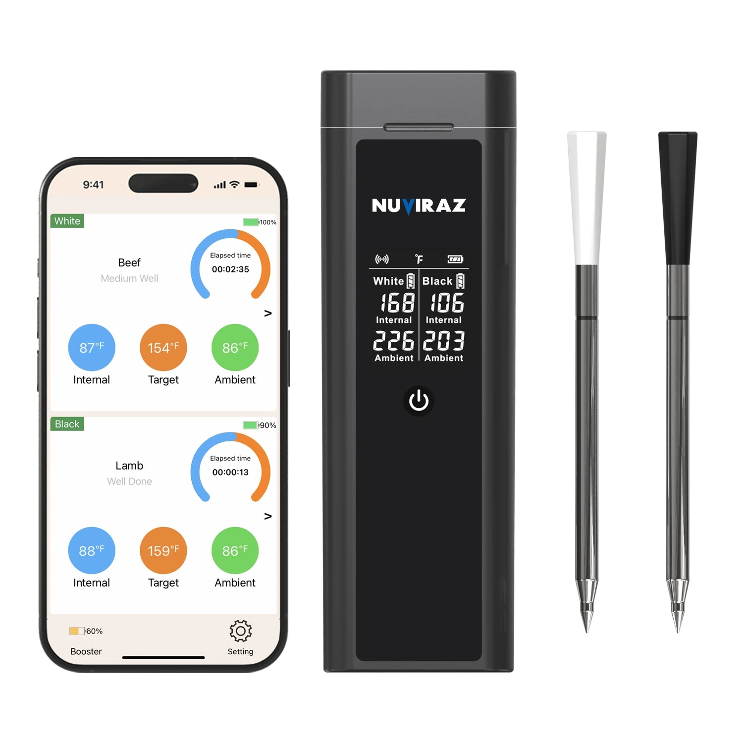Nuviraz Smart Bluetooth Wireless Meat Thermometer Digital | BBQ, Grill, Oven, Smoker, Air Fryer, Kitchen | Perfect for Steak, Chicken, Turkey, and More | Delicous Recipes in App - NuviraZ