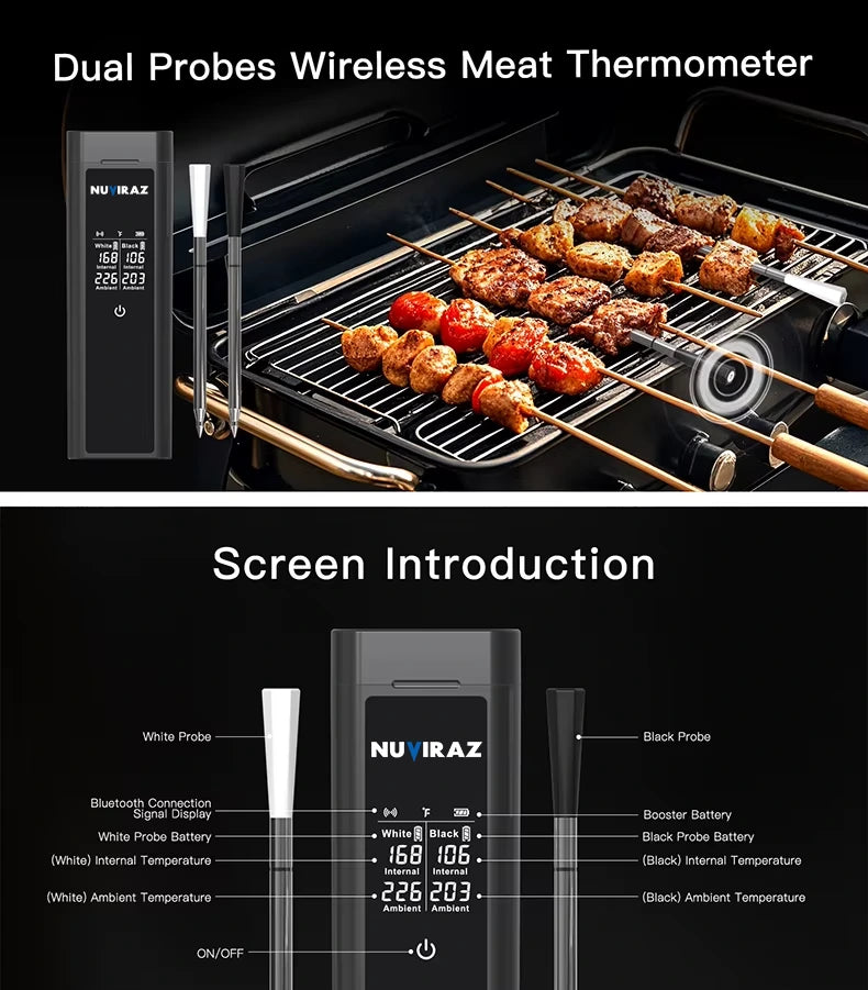 Nuviraz Smart Bluetooth Wireless Meat Thermometer Digital | BBQ, Grill, Oven, Smoker, Air Fryer, Kitchen | Perfect for Steak, Chicken, Turkey, and More | Delicous Recipes in App - NuviraZ
