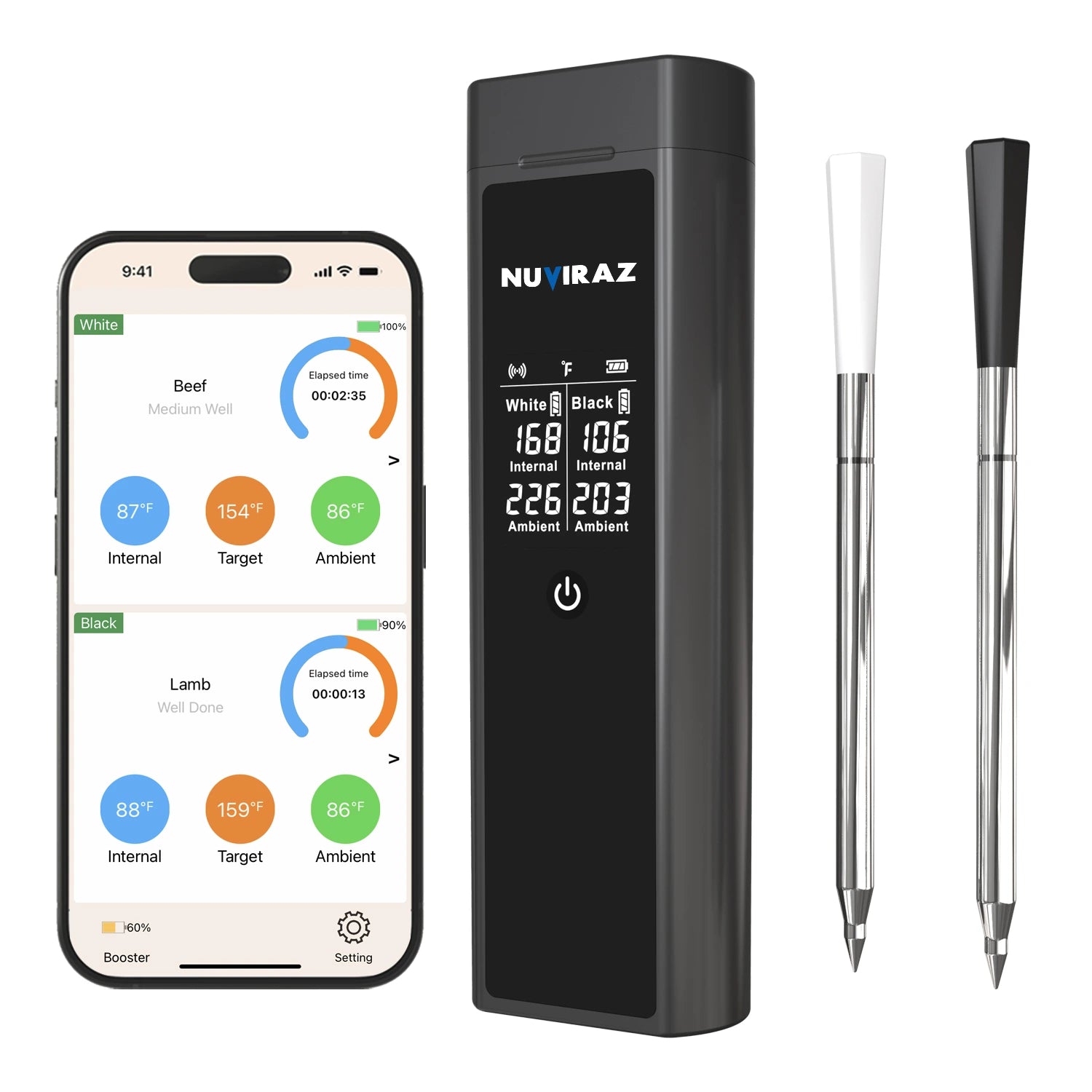 Nuviraz Smart Bluetooth Wireless Meat Thermometer Digital | BBQ, Grill, Oven, Smoker, Air Fryer, Kitchen | Perfect for Steak, Chicken, Turkey, and More | Delicous Recipes in App