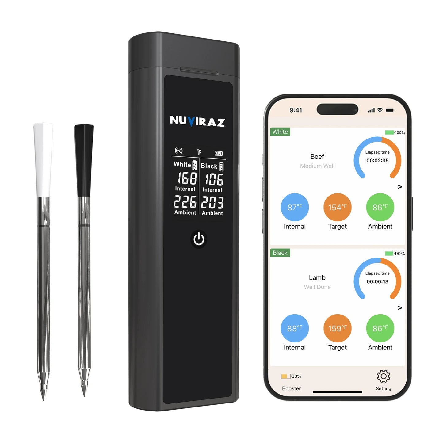 Nuviraz Smart Bluetooth Wireless Meat Thermometer Digital | BBQ, Grill, Oven, Smoker, Air Fryer, Kitchen | Perfect for Steak, Chicken, Turkey, and More | Delicous Recipes in App - NuviraZ
